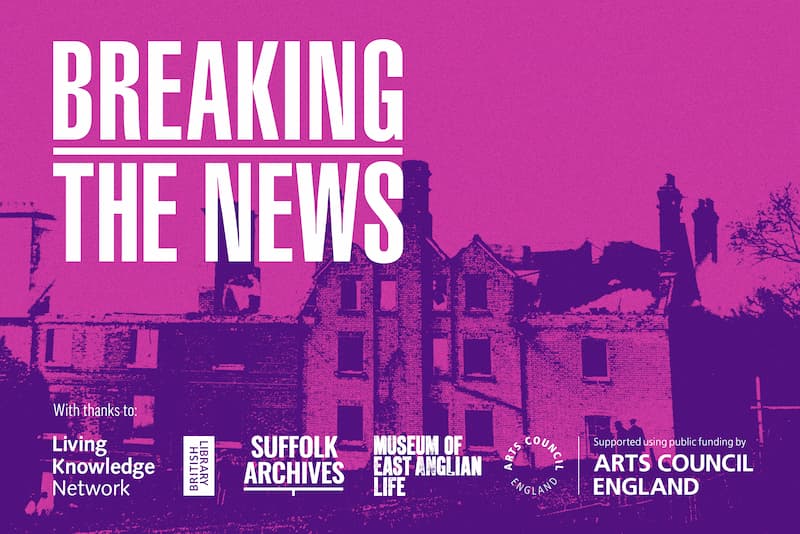An old building with a purple filter and the words 'Breaking the News'.