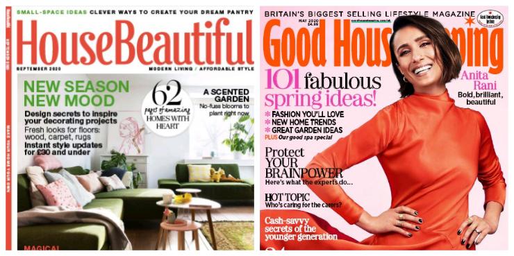 House Beautiful September edition with an image of a nicely decorated living room. Good Housekeeping September edition with a picture of a glamourous short-haired woman