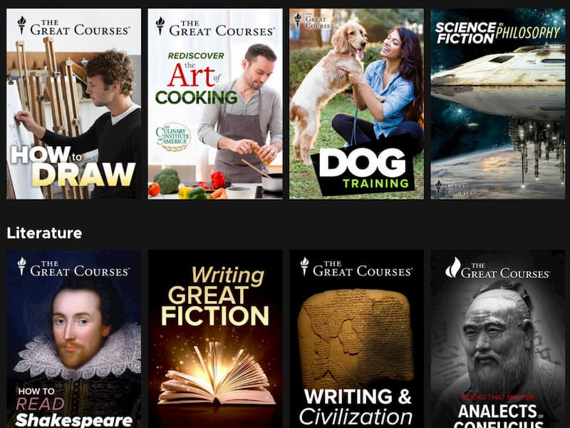 Examples of available courses, including dog training and Writing Great Fiction.