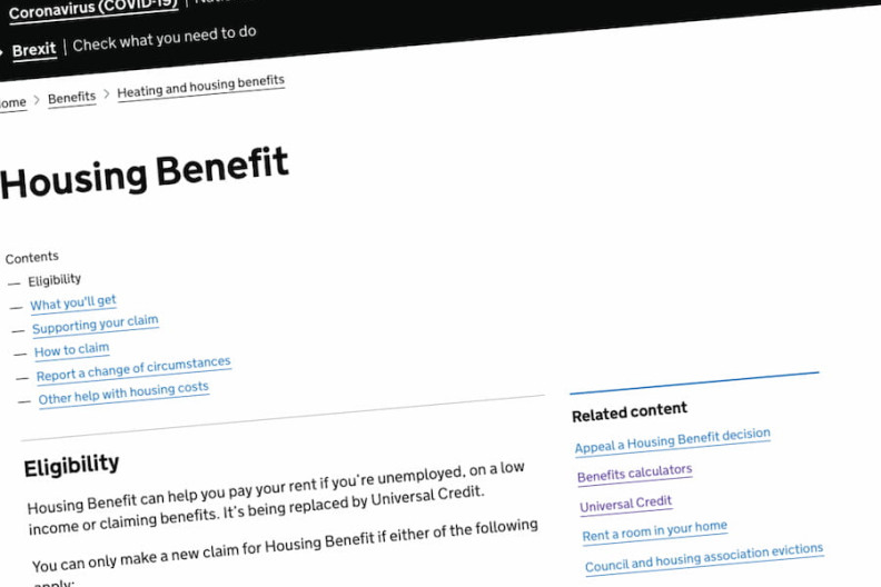 Screenshot of the Housing Benefit website.