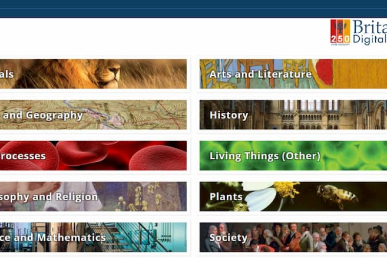 A screenshot of a Britannica webpage displaying subjects including animals, history, earth and geography.