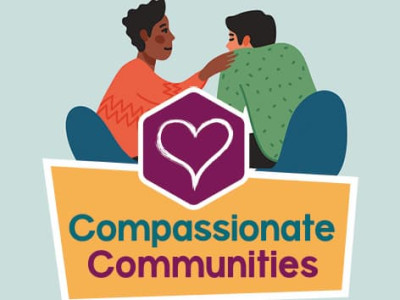 Compassionate Communities, in partnership with St Elizabeth Hospice. Illustration of a woman consoling a man.