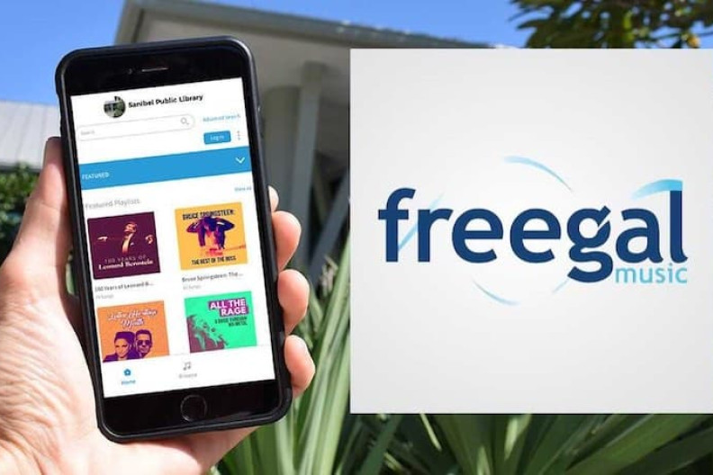 A mobile phone displaying album covers on the Freegal app next to the Freegal logo.
