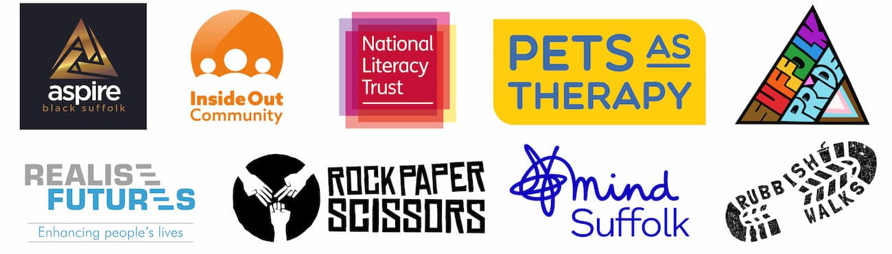 Logos of local charities: Aspire Black Suffolk, Inside Out Community, National Literacy Trust, Pets As Therapy, Suffolk Pride, Realise Futures, Rock Paper Scissors, Suffolk Mind, and Rubbish Walks.