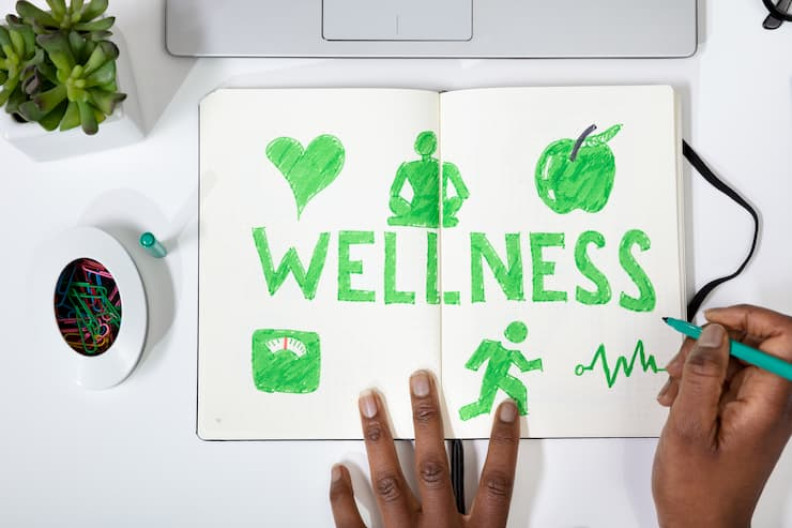 Wellness is written in a notepad with symbols of a heart, yoga, apple and a figure running.